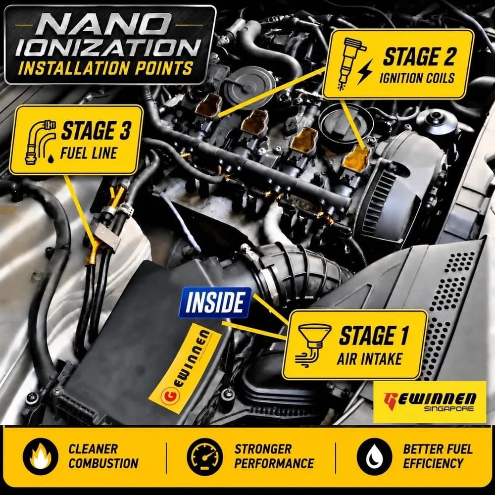 Nano Ionization installation points: Stage 1 air intake, Stage 2 ignition coils, Stage 3 fuel line